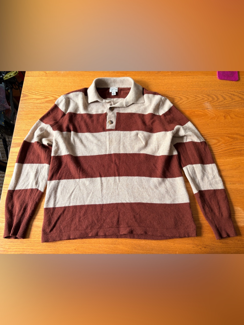 J. Crew Cream and Brown Striped Sweater Polo Men’s L